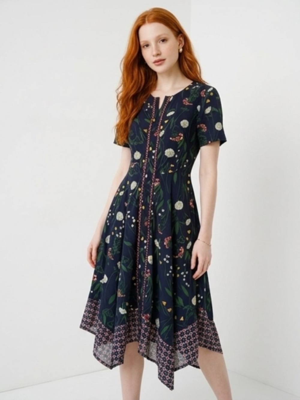 Liza Luxe Short Sleeve Floral Midi Dress, Handkerchief Hem, embroidery, XXS, EUC